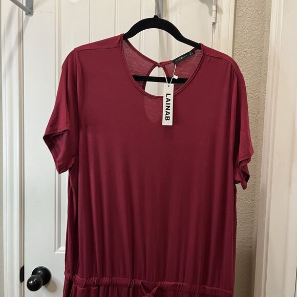 Lainab Burgundy Maroon Jumpsuit Jumper Drawstring Waist Short Sleeve Womens 2XL - Picture 2 of 11